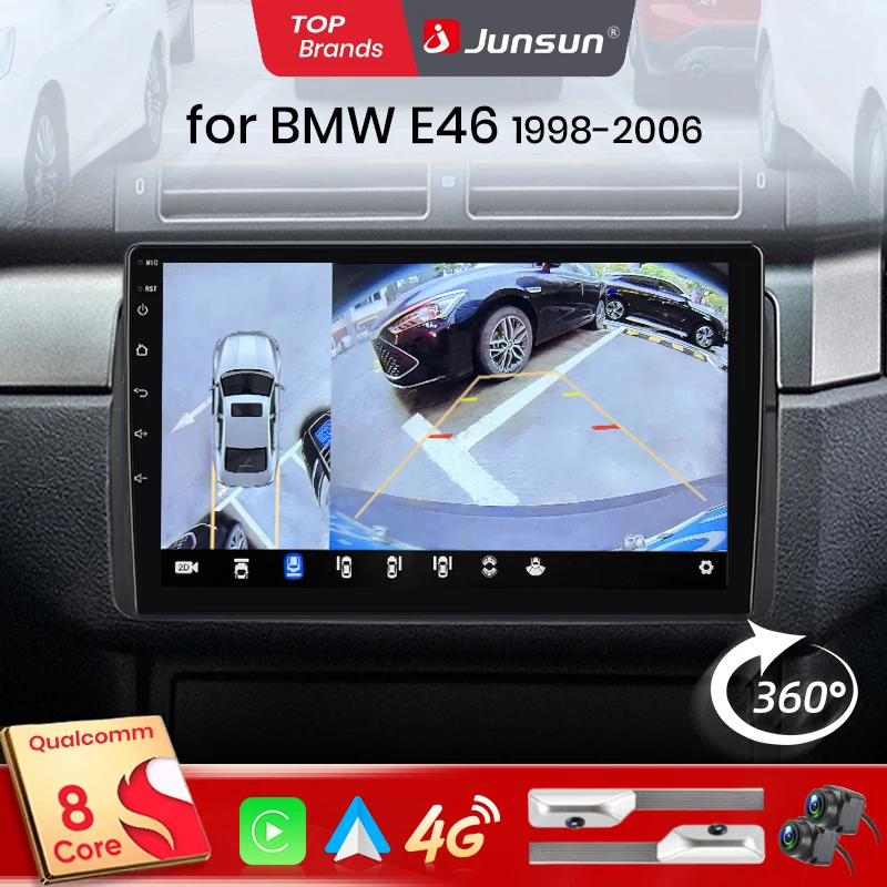 Junsun Qualcomm 8-Kern 360-Grad-Kamera Kabelloses Carplay Android Auto Autoradio für BMW E46 M3 318/320/325/330 1998-2006