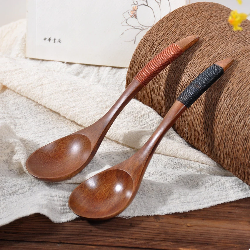 2 Pcs Wooden Spoons Rice Scoops Coffee Honey Stirring Mixing Spoon Teaspoon Kitchen Cooking Twine Wood Spoon for Noodle Soup