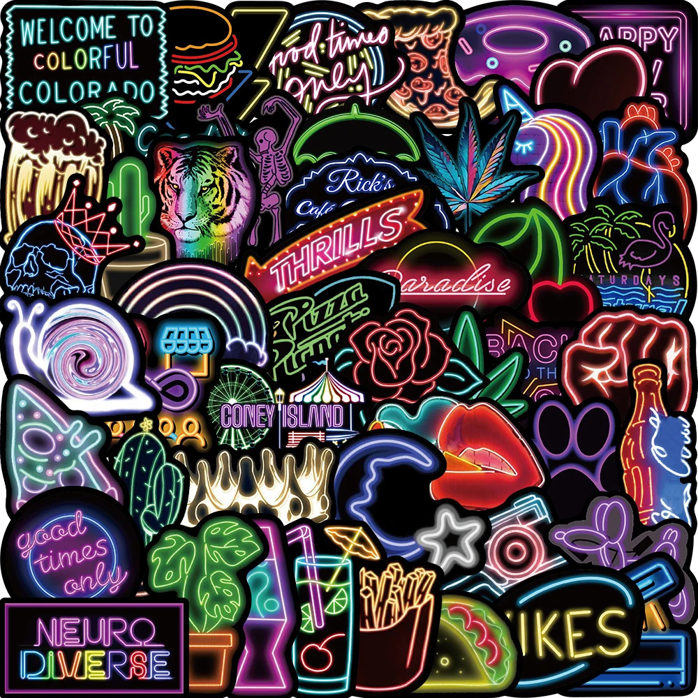 10/30/50/100pcs Cartoon Neon Light Graffiti Stickers Kid Toy DIY Motorcycle Phone Suitcase Car Decal PVC Waterproof Cool Sticker 10 30 50 pieces neon light graffiti stickers cartoon car guitar motorcycle luggage suitcase kids diy classic toy