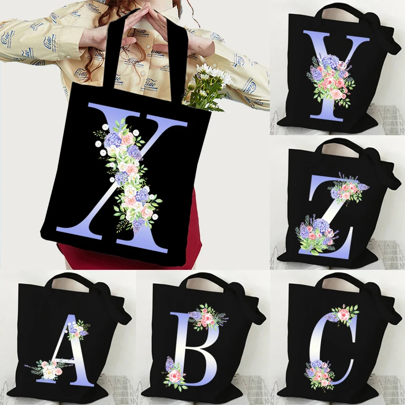 

Blue Rose Letter Series Handbag Ladies Shopping Bag Foldable Reusable Canvas Shopper Vintage Style Bag Student Tote Shoulder Bag