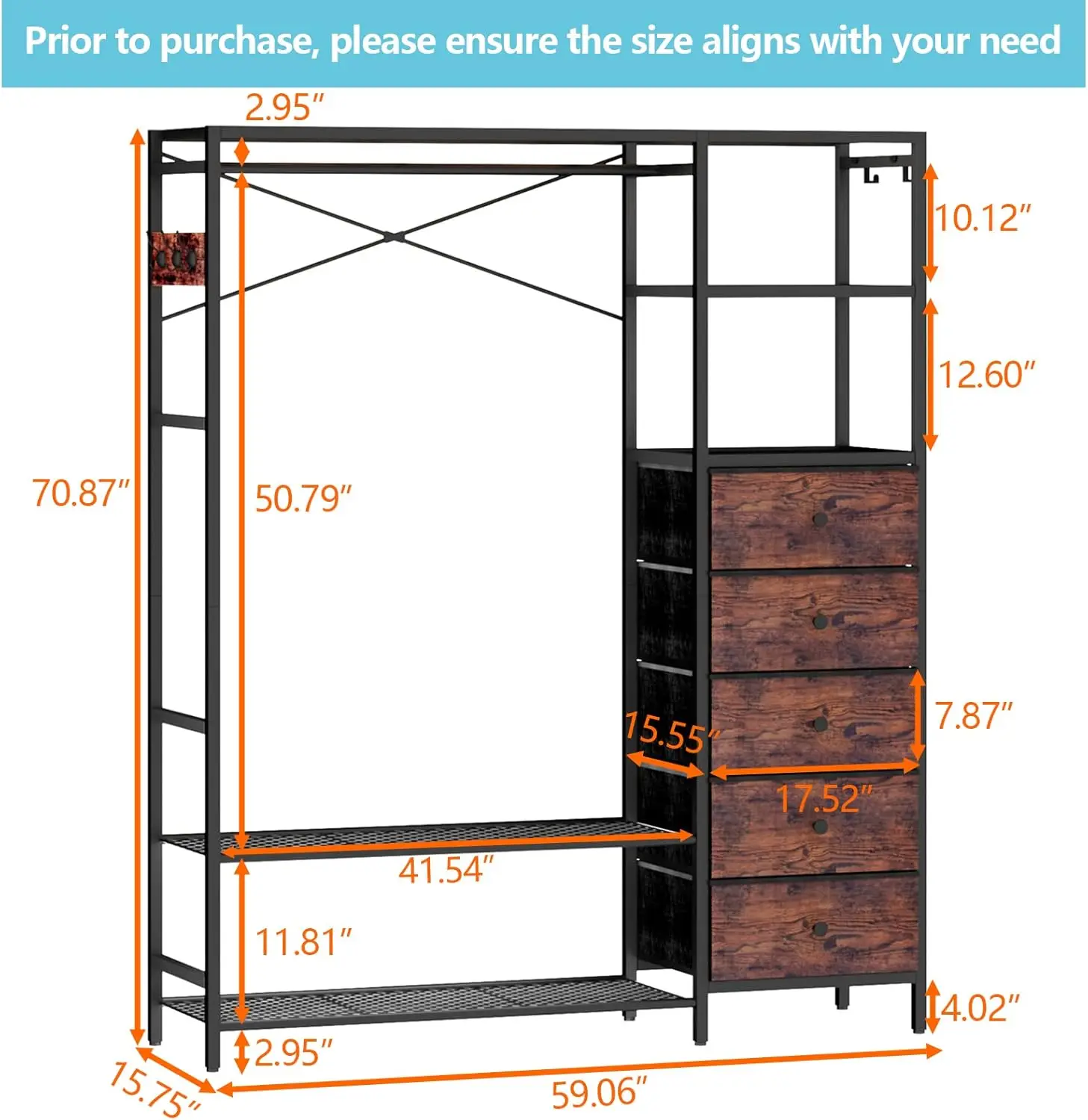 Heavy Duty Clothes Rack for Hanging Clothes with 5 Shelves & 5 Drawers, Metal Freestanding Clothing Rack with Five Hooks, Garmen 2