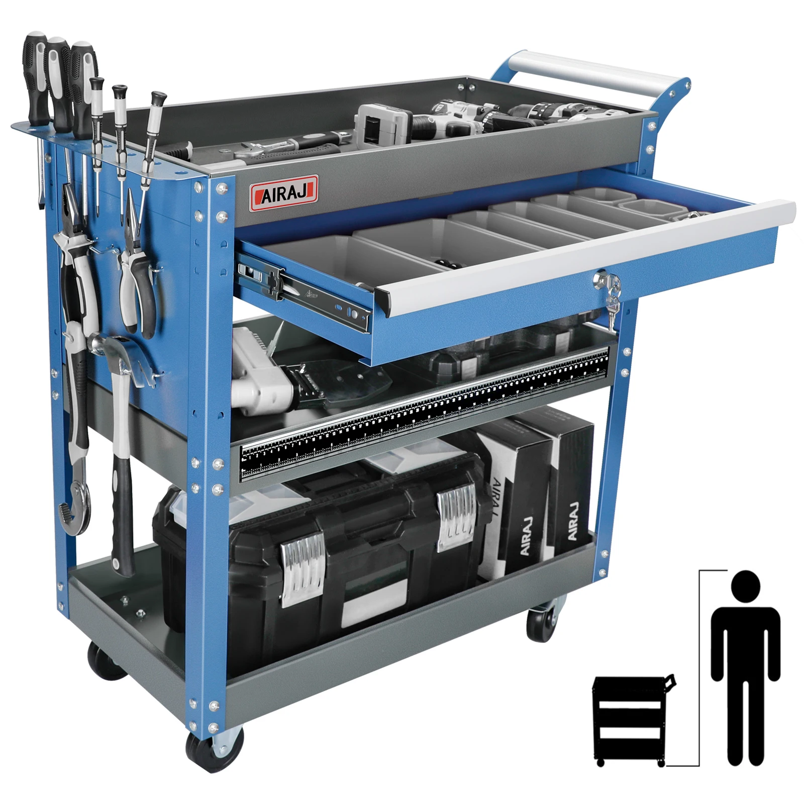 AIRAJ Mechanic Tool Cart, 3 Tier Rolling Tool Cart on Wheels,440 LBS Capacity Tool Storage Cart for Garage,Warehouse,Blue - Image 2