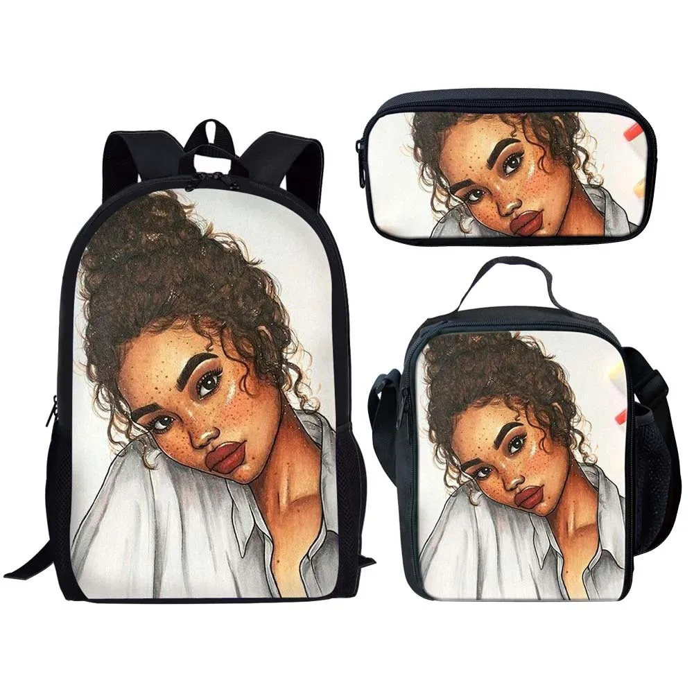 Popular Funny Pretty African Girls 3D Printed 3pcs/Set pupil School Bags Laptop Daypack Backpack Lunch bag Pencil Case