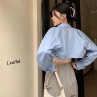 Chemises Super courtes pour femmes, Streetwear, taille haute, manches longues, couleur unie, hauts courts assortis, nouvelle mode d'été 4