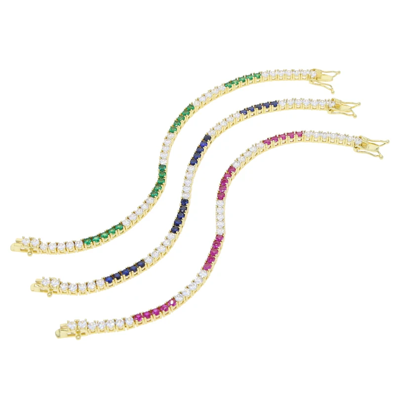 18k Gold Plated 3MM 4 Prong Setted 5A CZ Tennis Chain Bracelet High Quality Green Blue Red Colorful Summer Jewelry