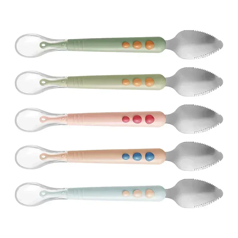 Baby Fruit Scraping Mud Spoon Double Head Silicone Stainless Steel Children Utensil Toddler Infant Food Feeding Tableware