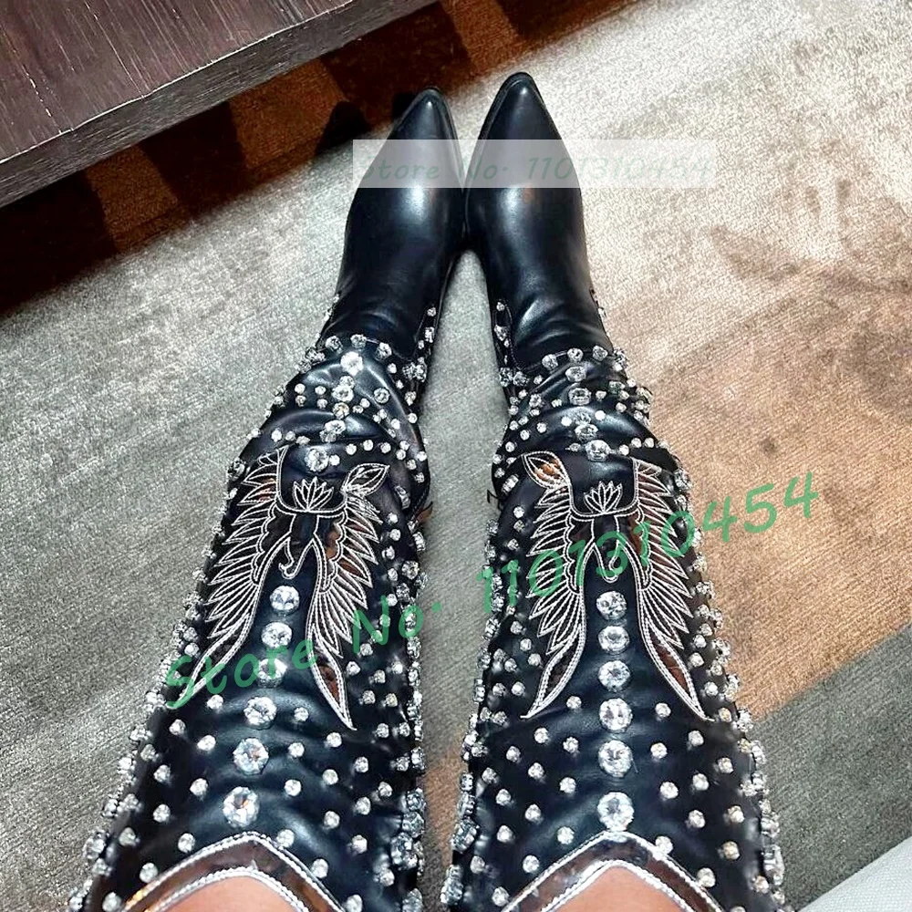 Gemembellished Western Boots Women Silver Decals Rivets Pointy Knee