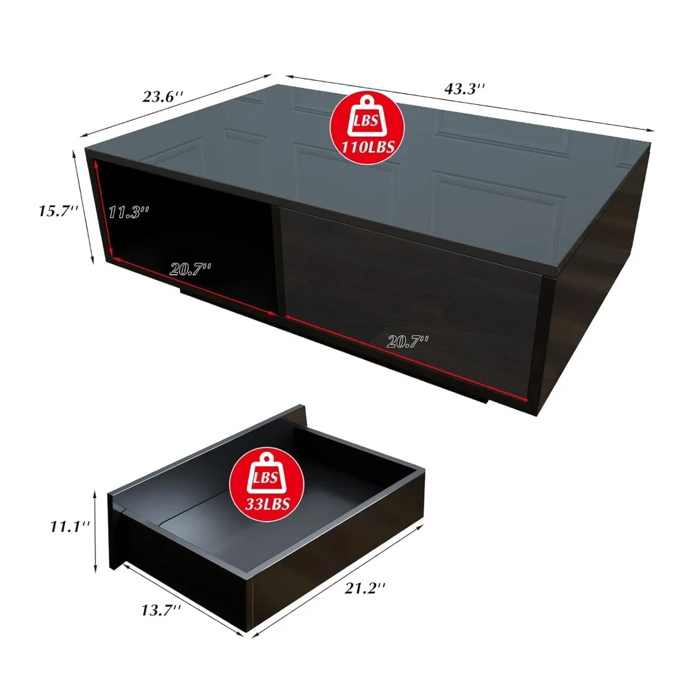 43.3IN LED Black Coffee Tables for Living Room with 16 Colors LED Lights Modern Coffee Table with Storage Drawer, Customized