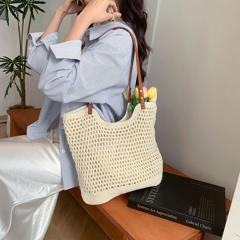 Woman Knitted Handbag Summer Hollow Beach Bag Large Capacity Fashion Knitted Bag Travel Holiday One-shoulder Hollow Shopping Bag 3