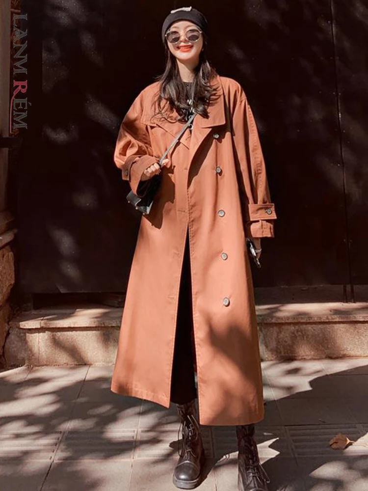 

LANMREM Women Long Windbreaker Fashion Lapel Belt Single Breasted Solid Color Trench Coat Office Lady 2023 Autumn New 2AA1865