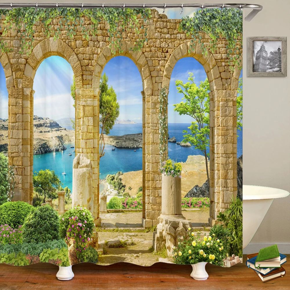 

Greek and Roman Architecture Landscape Shower Curtain Garden View Home Bathtub Decor Waterproof Polyester Bathroom Curtains