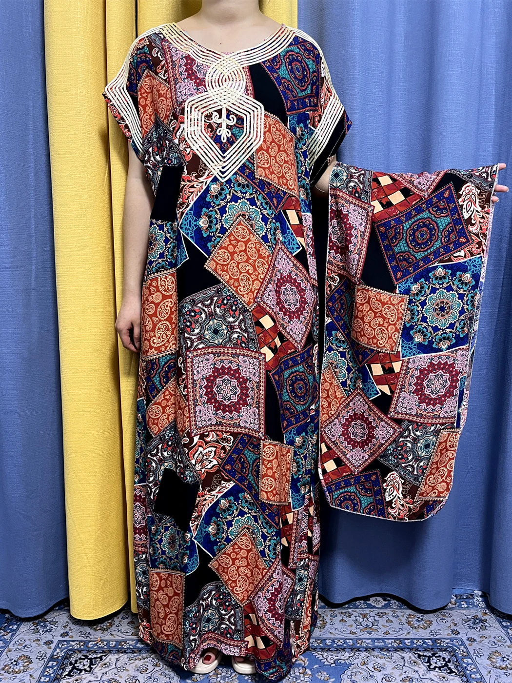 Muslim Abayas For Women 2023 Appliques Block Print Pattern Cotton Loose Fit Femme Robe Dubai African Islamic Dresses With Turban