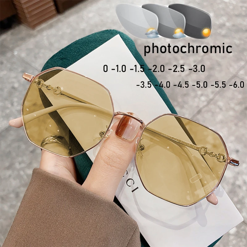 

Finished Minus Glasses for Women Men Anti Blue Light Round Frame Photochromic Near Sight Sunglasses Optical Myopia Eyeglasses