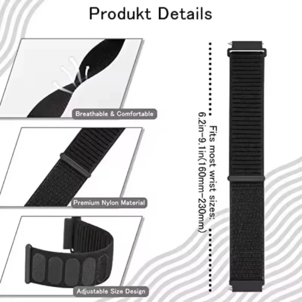 Nylon Loop Strap - Comfortable Sport Bracelet, 20mm & 22mm