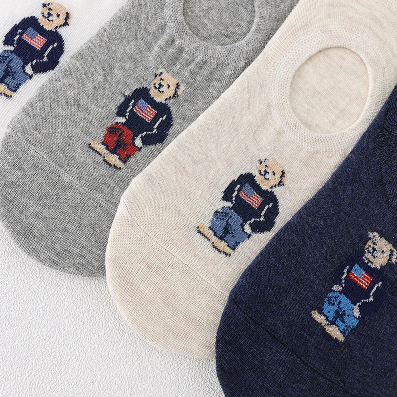 5pair/lot Fashion Men's Boat Socks Cartoon Bear Xia Qiu Non slip Invisible Silicone Cotton Ankle Slippers Socks Retro