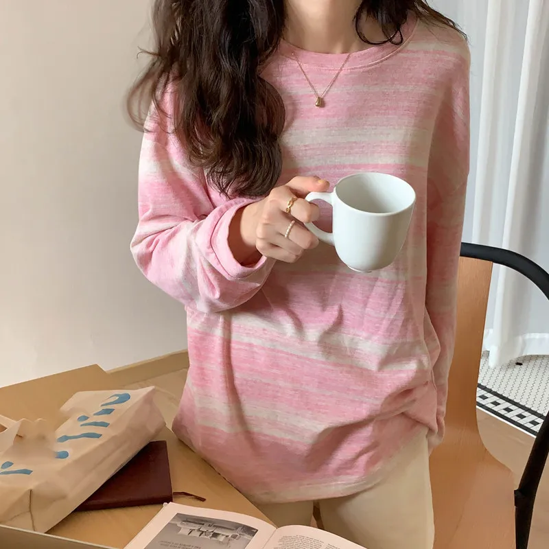 Stripe Pink Cotton Long Sleeve T-shirt Girl\'s Oversize Shirt Spring and Autumn 2022 New Design Loose Top