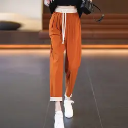 Summer 2023 New Ice Silk Trousers Casual Loose Drawstring Smoke Pipe Straight Tube Elasticity Waist Fashion Womens Pants