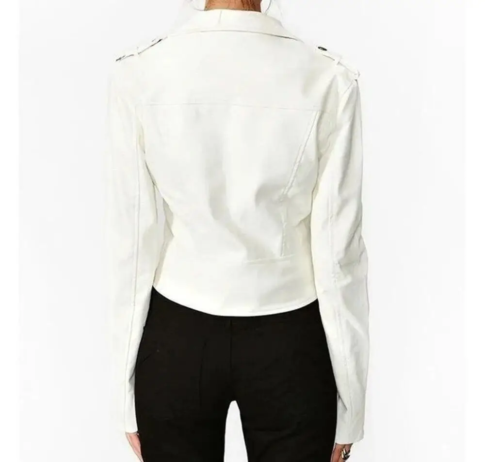 Real Leather Jacket Women Pure White 100% Genuine Lambskin Real Leather Biker Jacket