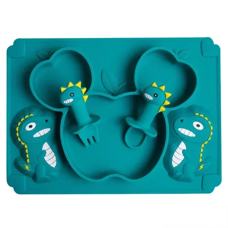 Silicone Dining Plate Silicone Meal Set Silicone Feeding Set Baby Tableware Set Silicone Feeding Bowl Children Feeding Tray Baby Silicone Plate Kids Bowl Plates Dinosaur Cartoon Spoon Fork Set Baby Feeding Silicone Bowl Dishes Kids Tableware