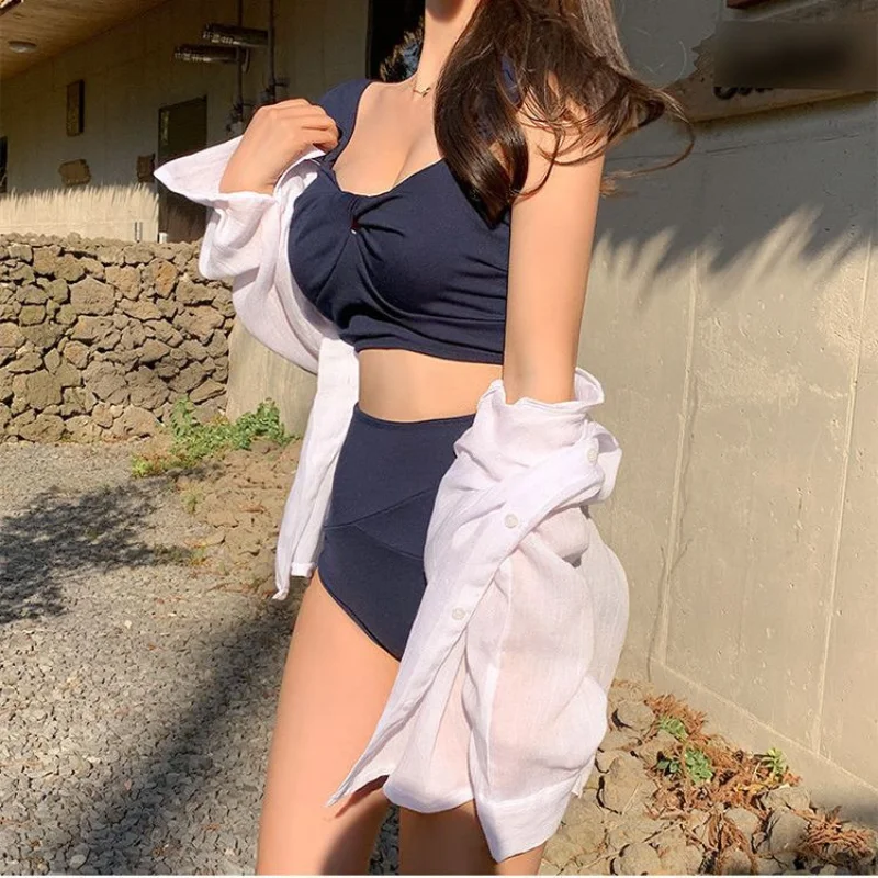 New Japanese and Korean Women's Split High Waist Conservative Swimwear Sexy Backless Solid Color Hot Spring Bikini Swimwear