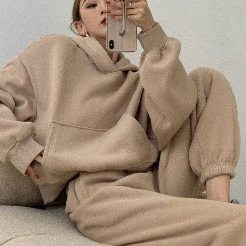 

Winter Thicken Tracksuit Sets Women Hooded Two Piece Set Sweatshirts Hoodies Pockets Pants Suit Trousers Sports Outfits Autumn