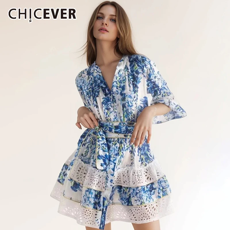 

CHICEVER Hit Color Short Dresses For Women Stand Collat Long Sleeve High Waist Patchwork Lace Up Hollow Out Print Dress Female