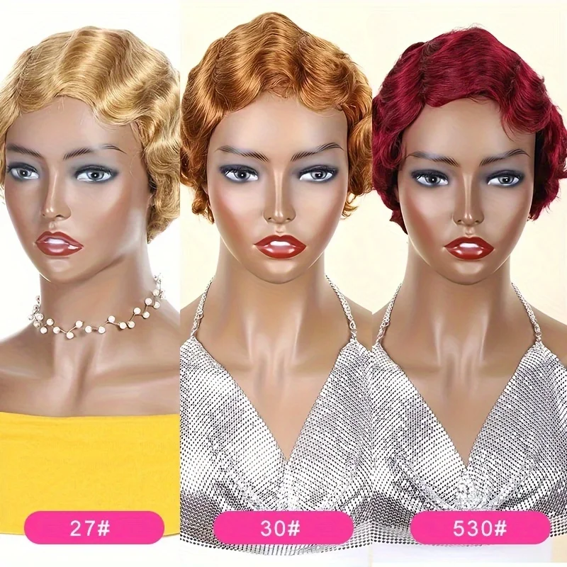 Short Pixie Cut Wig Human Hair Blonde Burgundy For Black Women Wig Brazilian Human Hair Wigs Machine Made Finger Ocean Wave