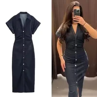Denim Dress Women's Spring Summer Casual Long Dresses For Women 2025 New Fashion Ruched Short Sleeve Streetwear Midi Dress 1