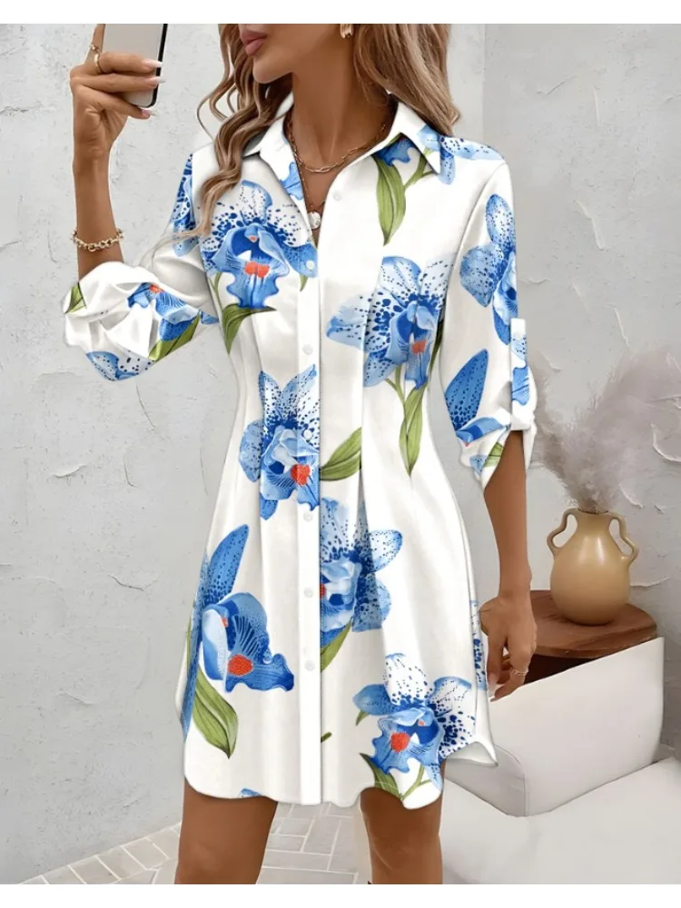 Autumn New Women's Clothing Women's Lapel Cardigan Shirt Printed Single-breasted Medium and Long Shirt Dress