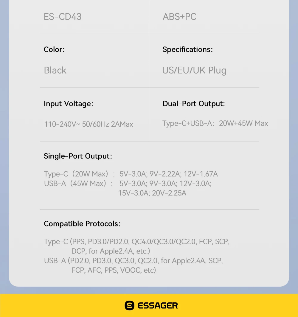 Essager 65 W GaN Ladegerät Schnellladung QC4.0 PD3.0 USB Typ C Ladegerät Tragbares Schnellladegerät für Laptop iPhone 15 14 13Pro MacBook – Detail 12