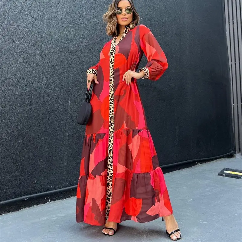 

2024 New Women's Dress Fashionable and Vibrant Print Spliced Leopard Buckle Casual Long Dress Pleat Ruffle Sleeve Party Dress
