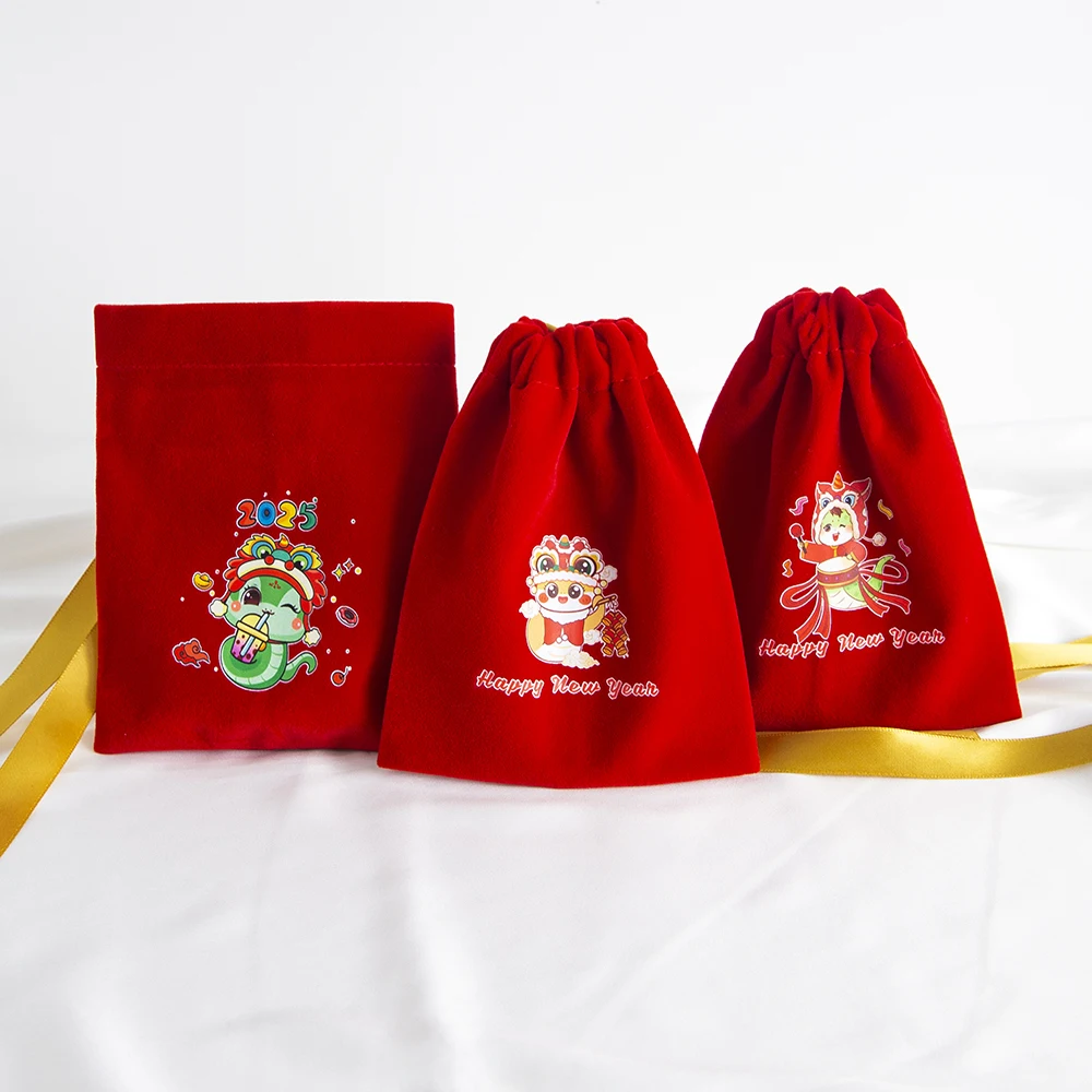 10 Stücke Schöne Rote Schmuck Kordelzug Neujahr Geschenk Verpackung Beutel Süßigkeiten Melone Samen Erdnüsse Organizer Ohrringe Ring Tasche – Detail 18