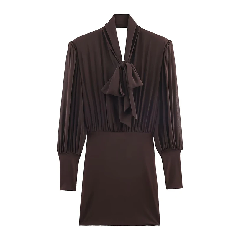 2025 Bow Tied Dress Woman Splicing Ruched Short Dresses for Women Elegant Party Women's Dress Long Sleeve Casual Dresses