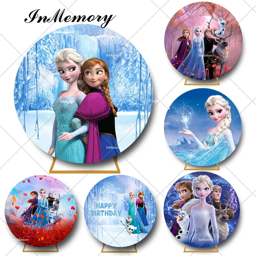 

Disney Frozen Round Backdrop For Photography Elastic Band Princess Birthday Photo Background Cartoon Photocall Photozone
