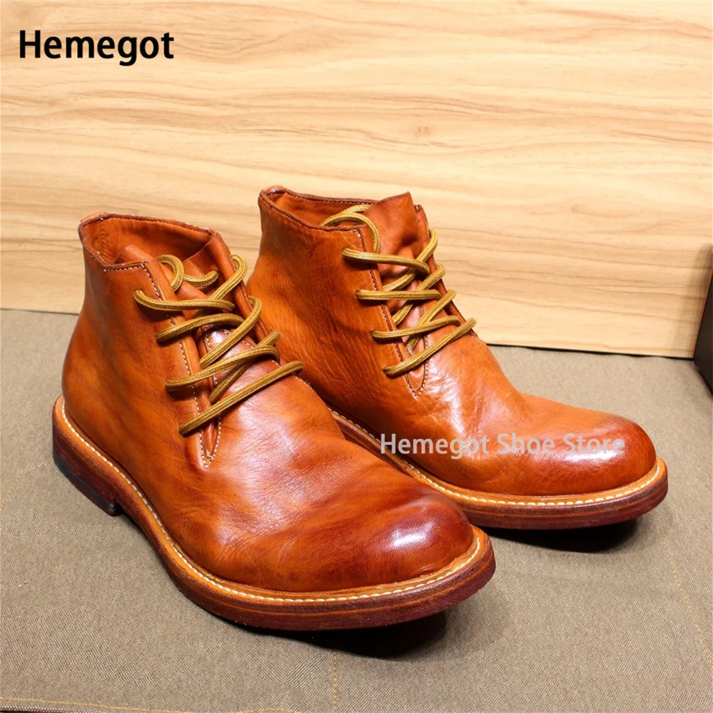 

Brown Leather Men's Ankle Boots Leather Soles Lace-Up Booties Round Toe All Fashion Boots Top Quality Soft Leather Shoes for Men