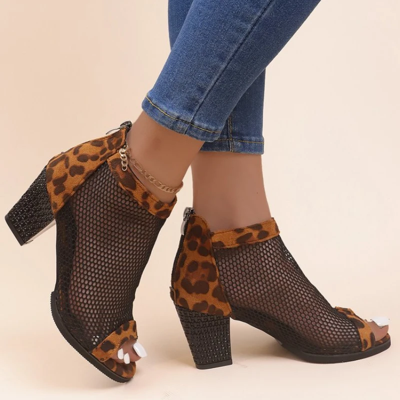 

Female Leopard Sandals New Breathable Thick Heel Short Boots Back Zip Mesh Fish Mouth Comfort High Heels Sandalias Femininas