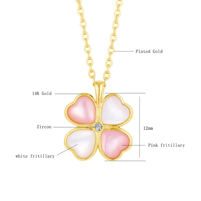 14K Solid Yellow Gold Pink Four Leaf Clover Station Necklace