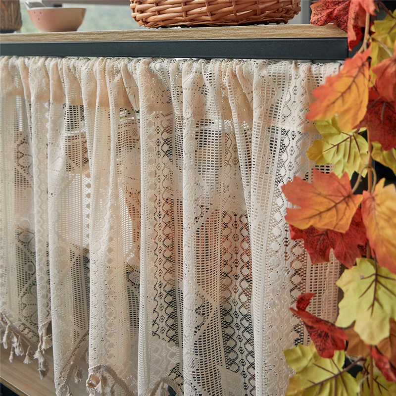 American Country Crochet Wave Hollow Short Curtains for Roman Window Kitchen Manual Rhombus Tassels Half Curtains Valance #A594 3