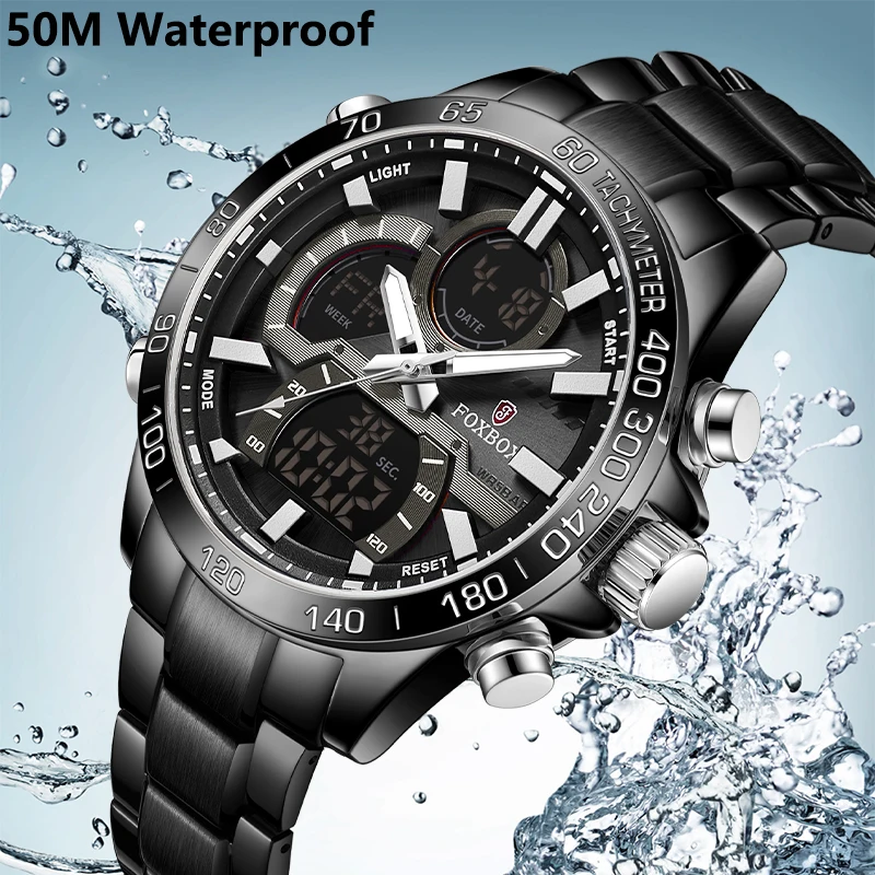 FOXBOX Men's Fashion Business Quartz Analog Digital Wristwatch Stainless Steel Luminous Chronograph Man Watch Relogio Masculino
