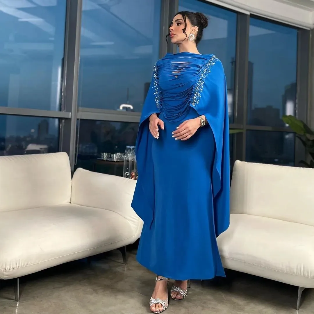 

Flora Dress Elegant Blue Mermaid Prom Dresses Beads Ankle-Length Saudi Arabia Women Wear Evening Dresses Party Gown For Women