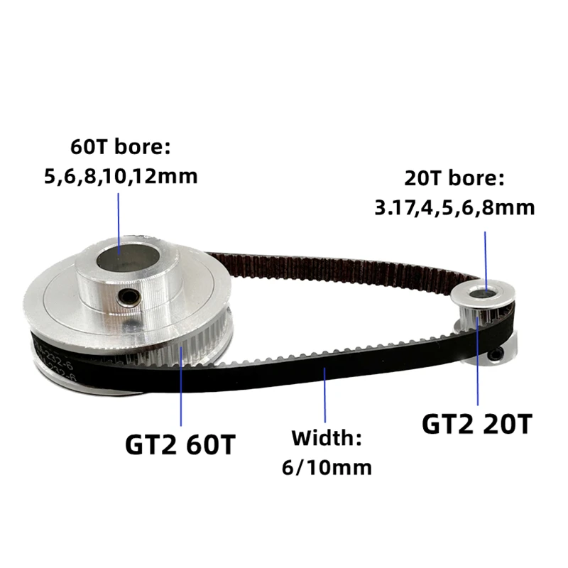 Timing Belt Pulley Timing Pulley Belt Pulley 60T 20Teeth Belt Width 10mm 2GT Set Bore 3~12mm Reduction 3:1GT2