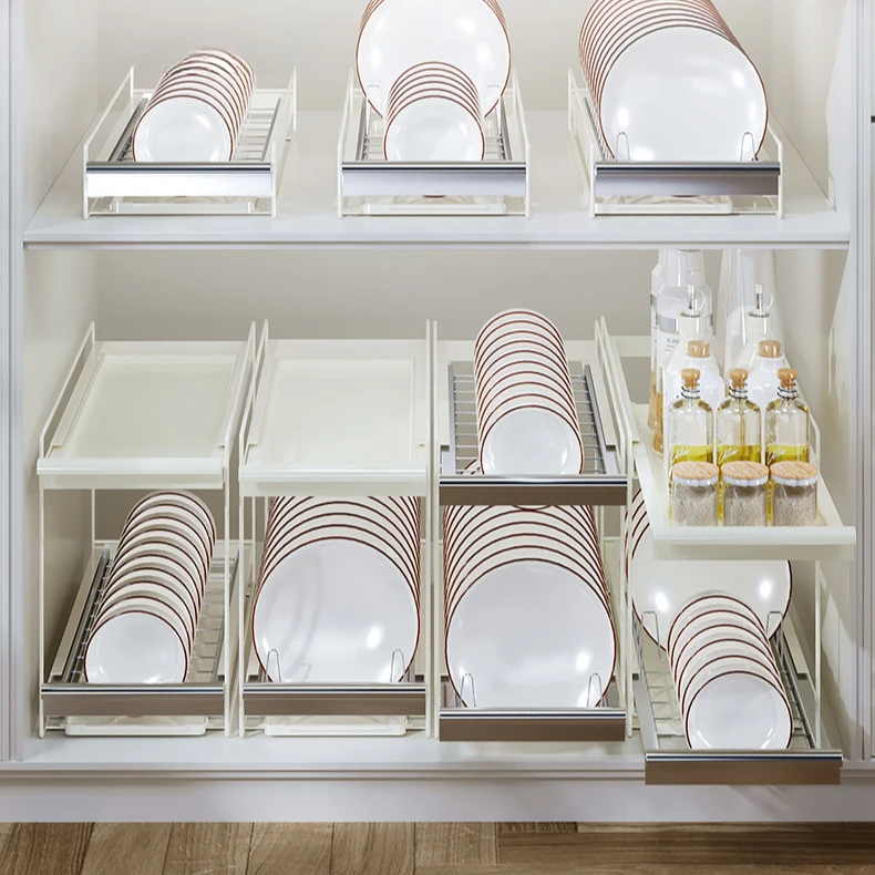 สแตนเลสดึงออกชั้นเก็บจานครัวชั้นวางจานตู้ตะกร้าลิ้นชักจานท่อระบายน้ําชั้นวาง 1