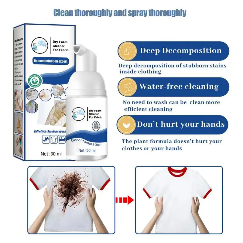 30ml Stain Remover Spray Laundry Fabric Oil Stain Remover Rinse-Free Dry Foam Cleaner Multi-purpose