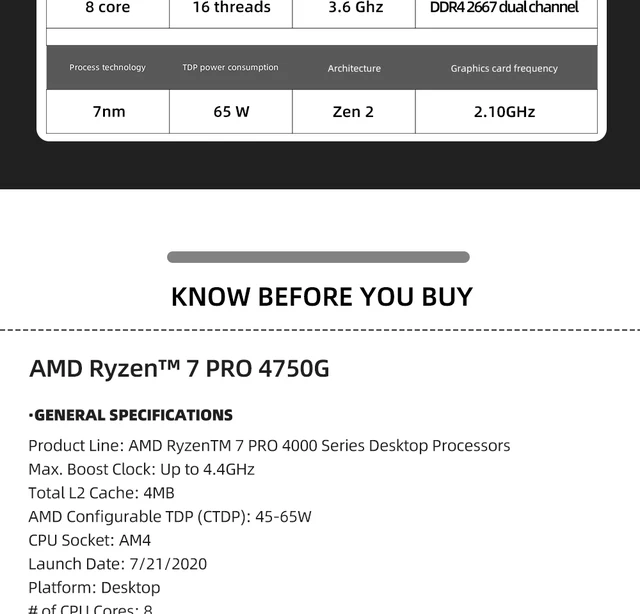 AMD Ryzen 7 PRO 4750G R7 PRO 4750G 3.6GHz, processeur de lecture