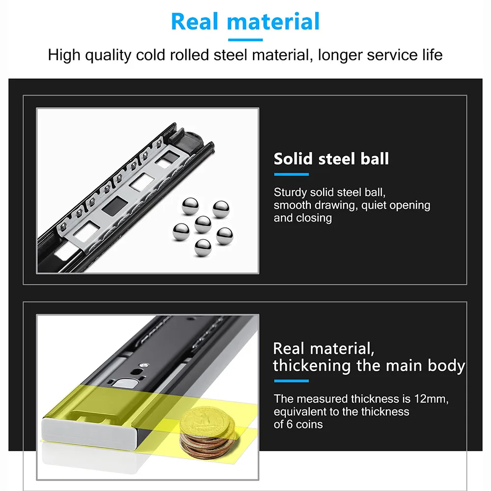 Push to Open Drawer Slides Full Extension handleless Side Mount Ball Bearing Metal Black Rails Track Guide Runners (10 inch)