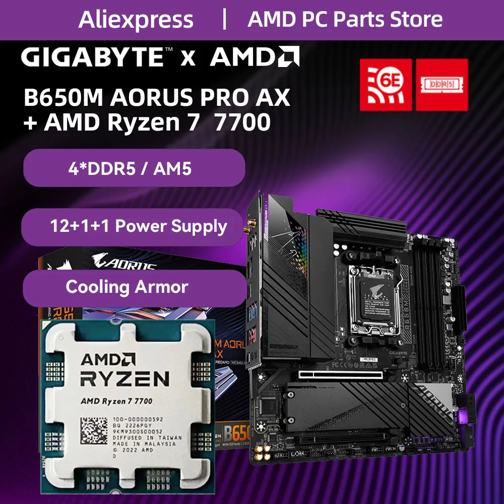 기가바이트 B650M AORUS PRO AX AMD Ryzen 7 7700 CPU 마더보드 키트, 4xDDR5 메모리, PCIe 5.0 M.2 지지대, WIFI6E 및 R7