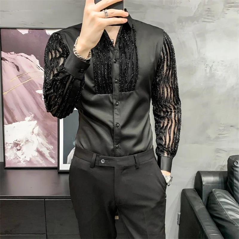 Lace Hollow Long Sleeve Shirts for Men Slim Fit Streetwear Party Blouse