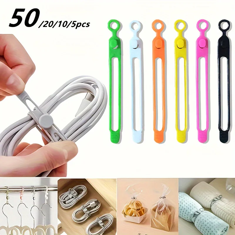 Cable Organizer 50/20/10/5pcs Silicone Multifunctional Cable Organizer Winder Storage Holder Bag Zip Tie Twist Clip Functions