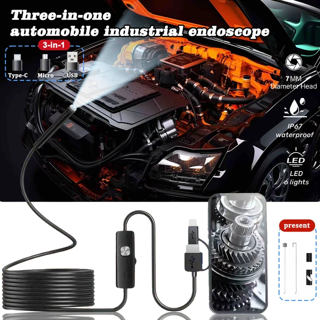 7MM Android Endoscope Camera 3 IN1 Micro USB Type C Borescope Mini Camera Waterproof LED Car Inspection For Android PC 1