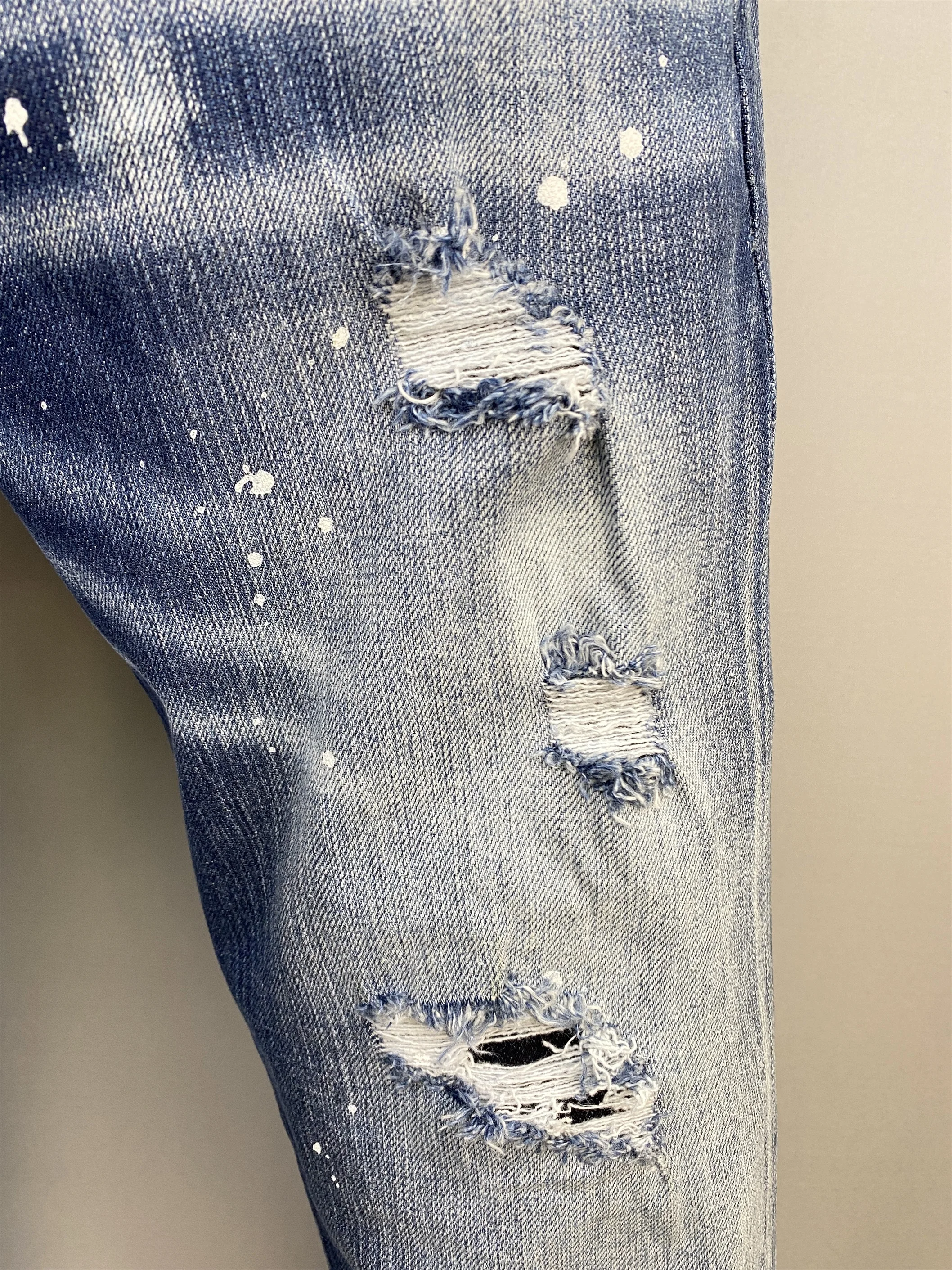 2024 Spring/Summer New D2 Jeans Trendy Men's Washed Worn Hole Patches Painted Slim Fit Small Feet Denim Pants Men's